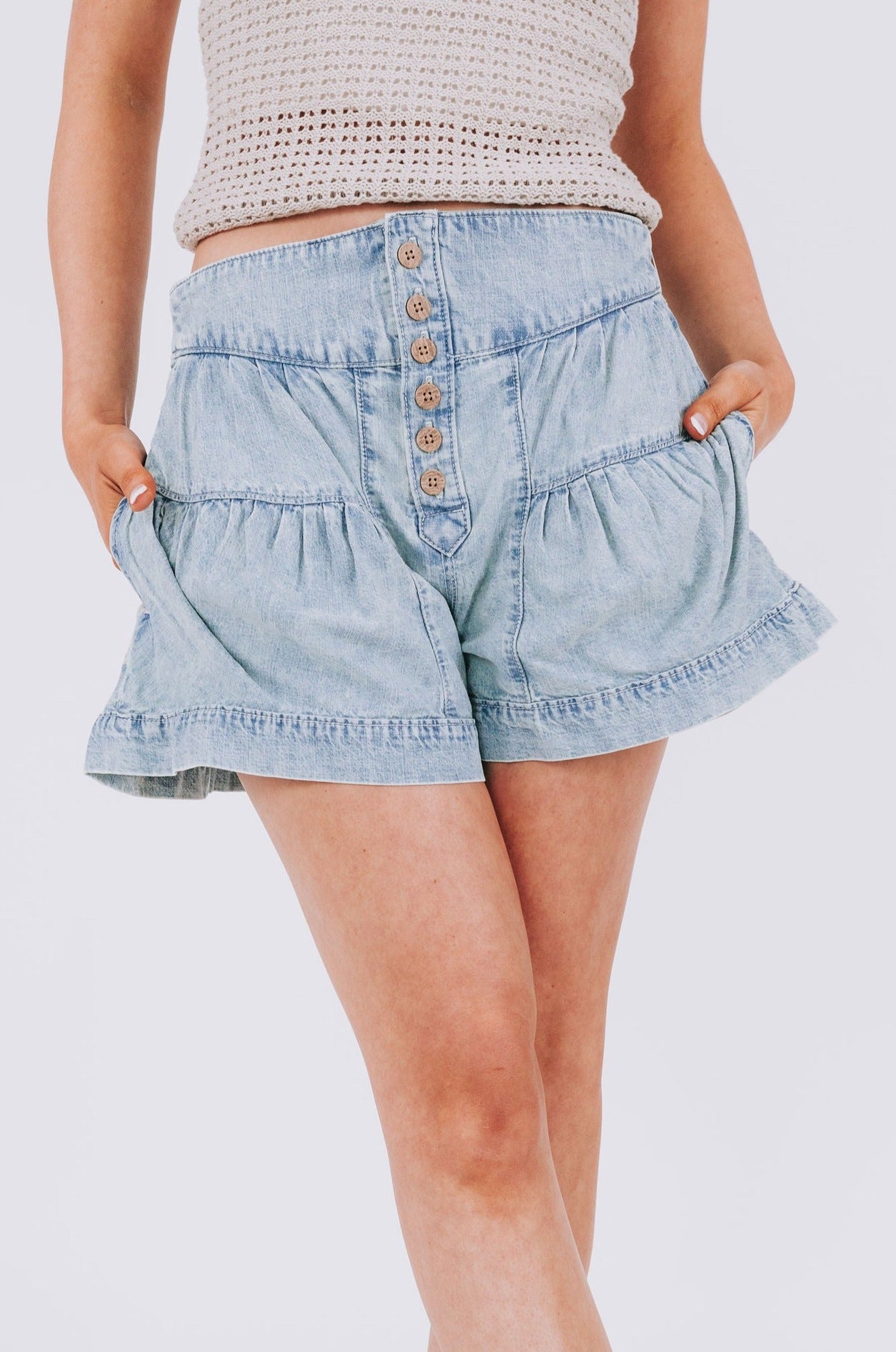 Flowy denim shorts on sale