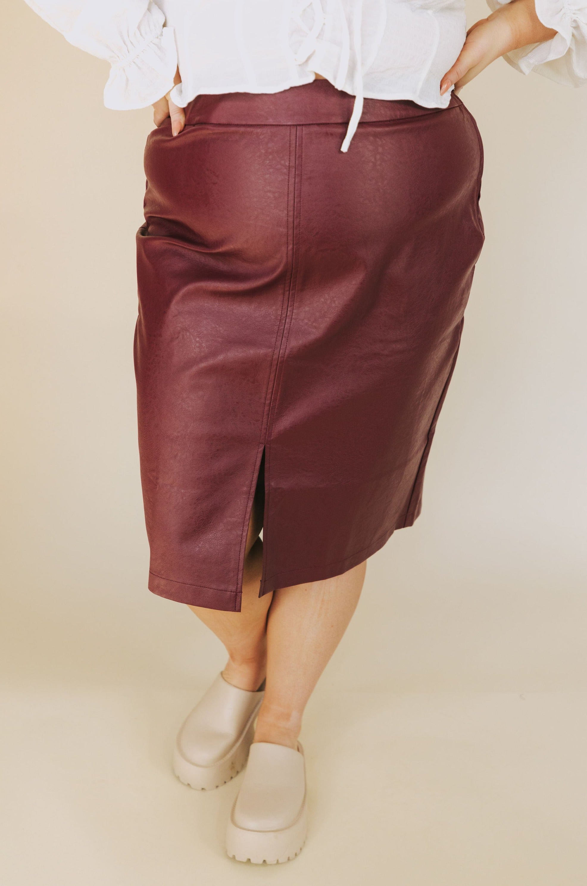 Burgundy leather skirt plus size best sale