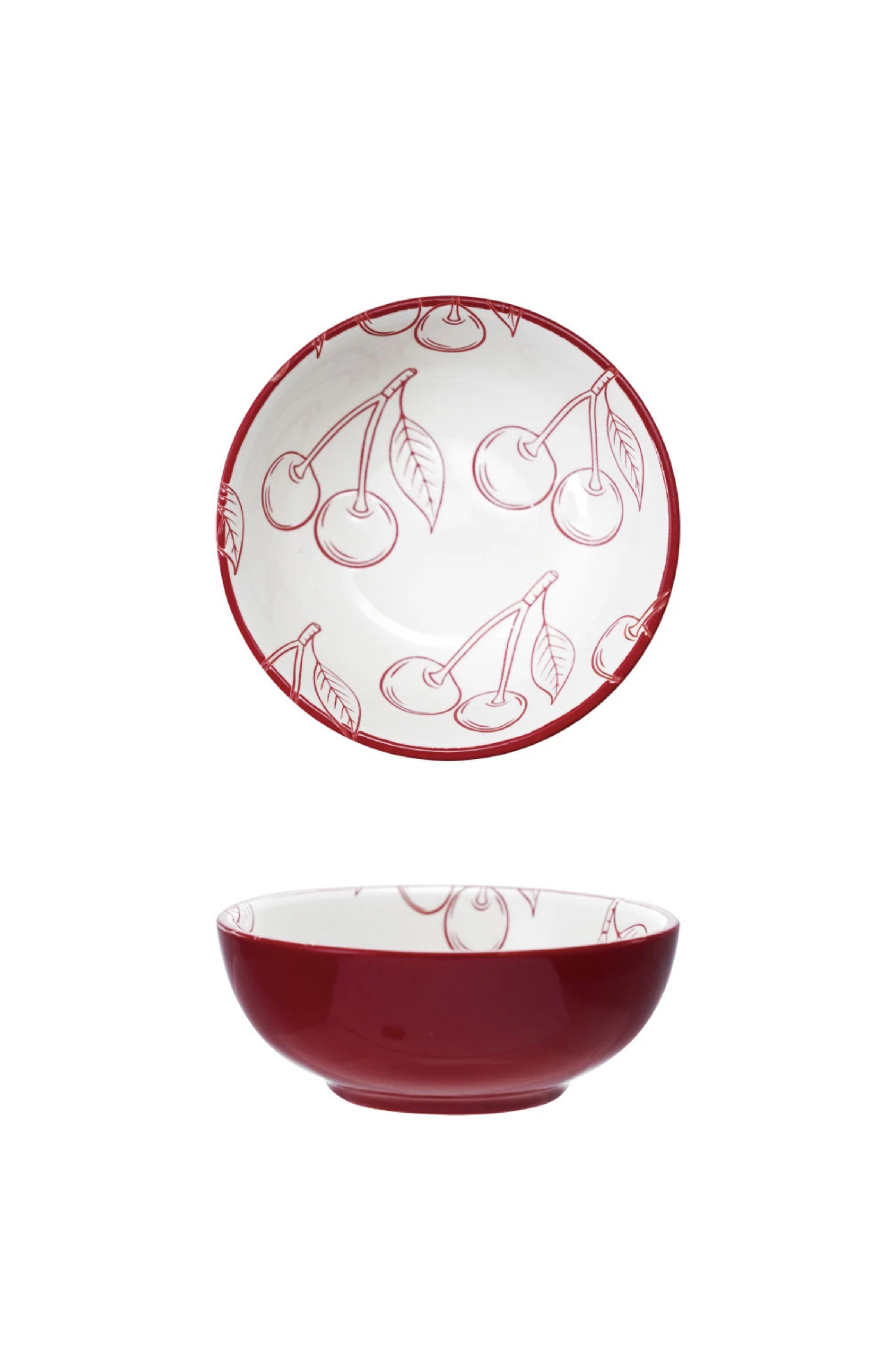 Stoneware Bowl with Cherry Pattern, Red & White