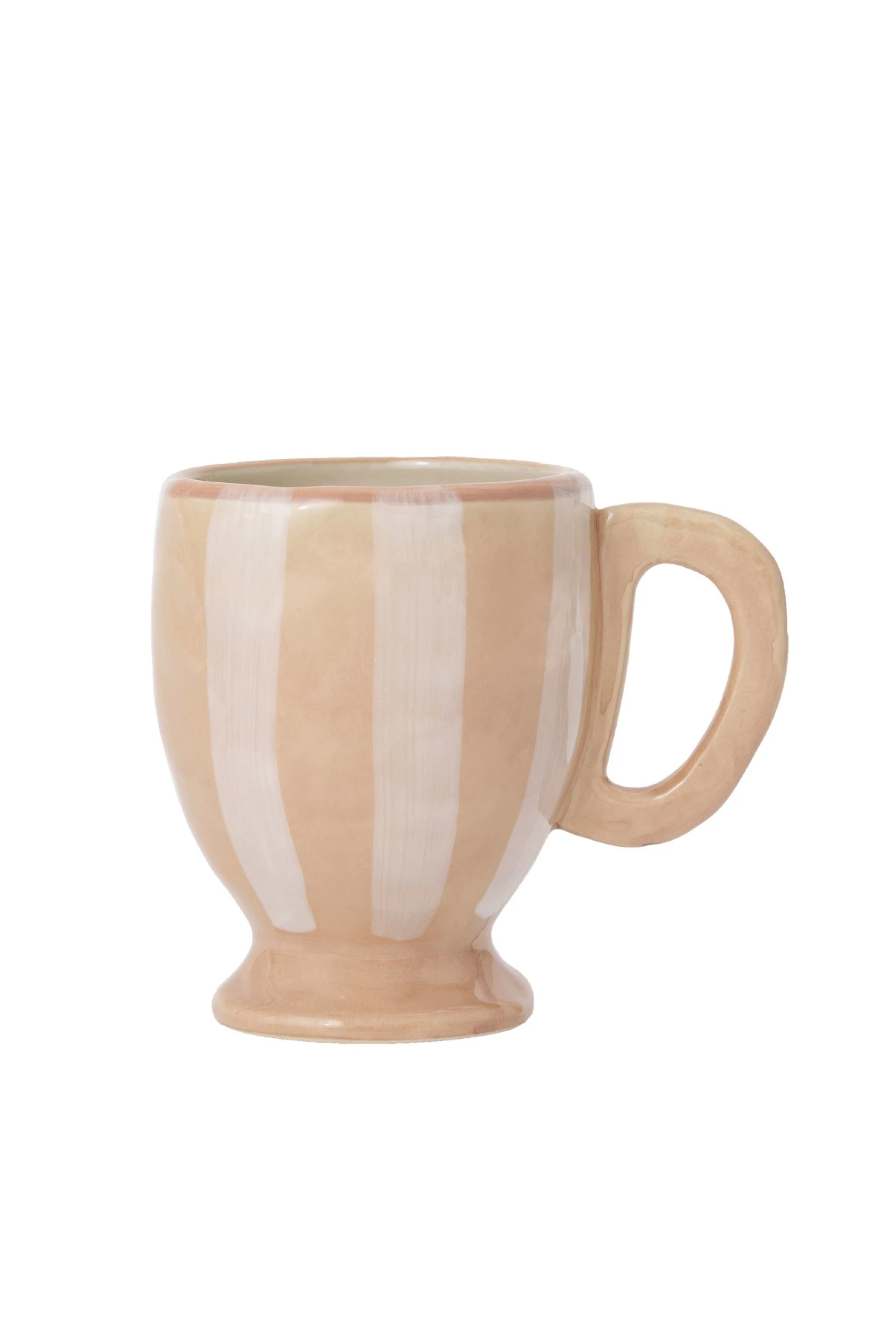 14 oz. Hand-Painted Stoneware Footed Mug w/ Stripes, White & Tan Color