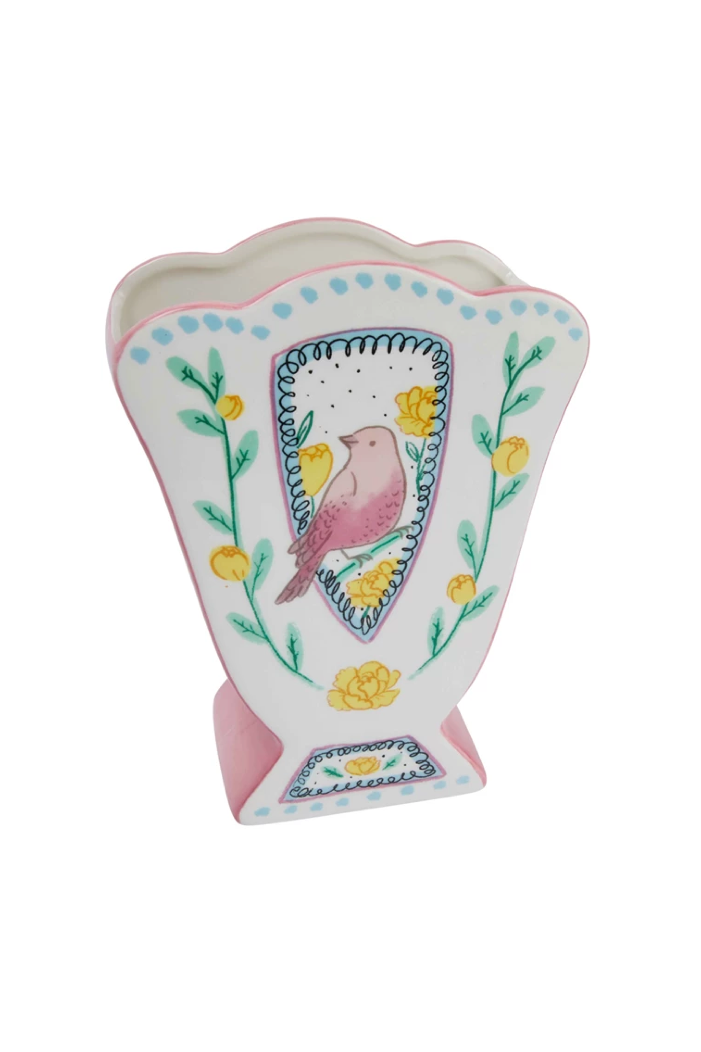 Ceramic Fan Shaped Vase w/ Scalloped Edge & Birds, Multi Color