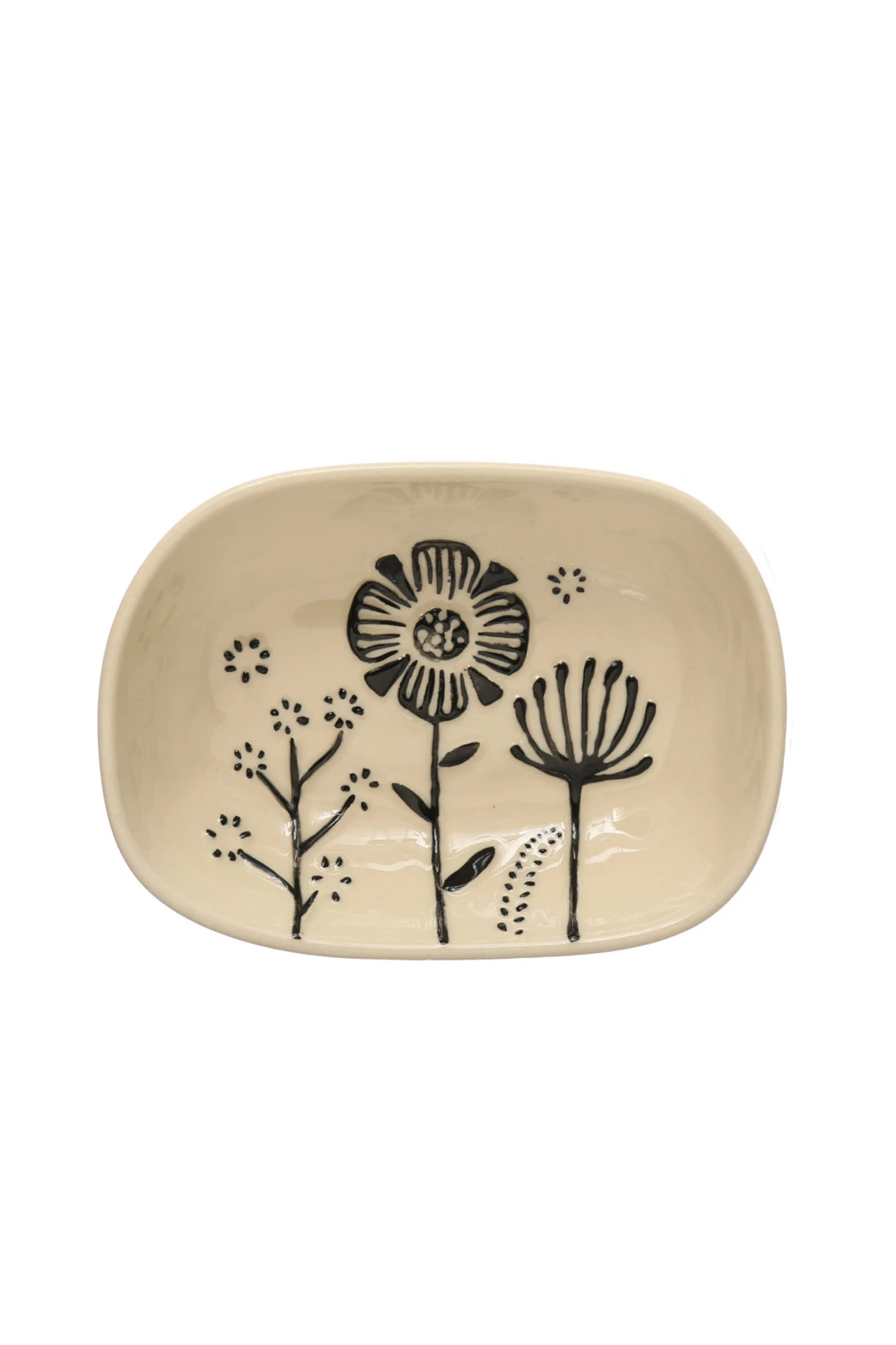 Hand-Painted Stoneware Dish w/ Embossed Flowers