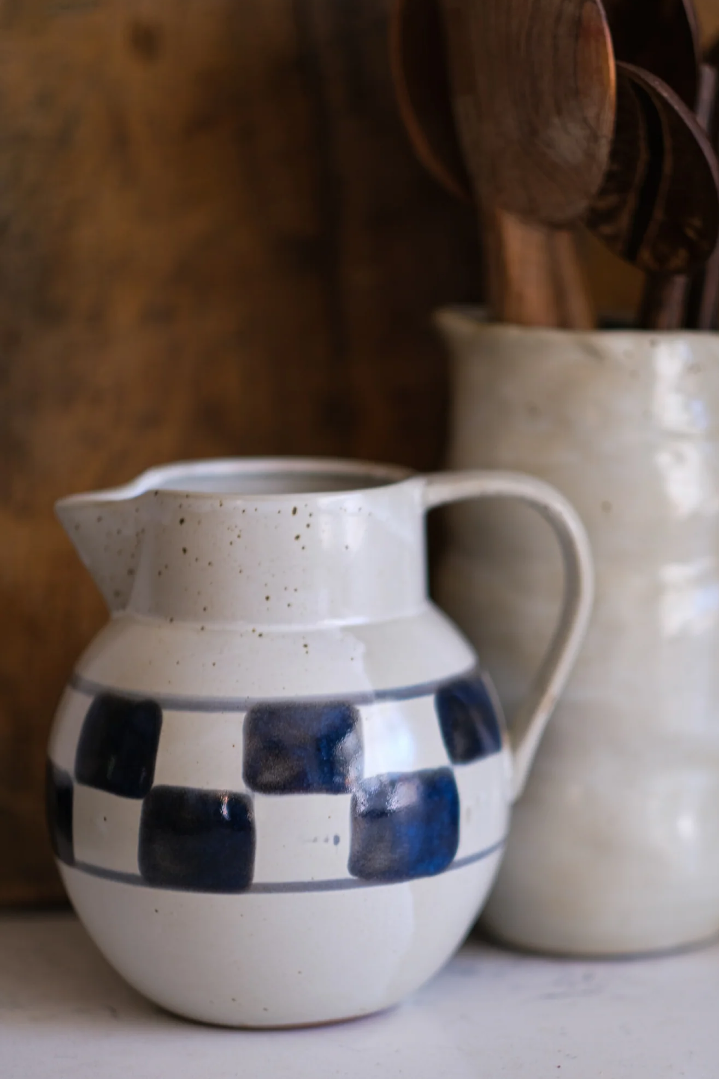 42 oz. Hand-Painted Stoneware Pitcher w/ Check Pattern