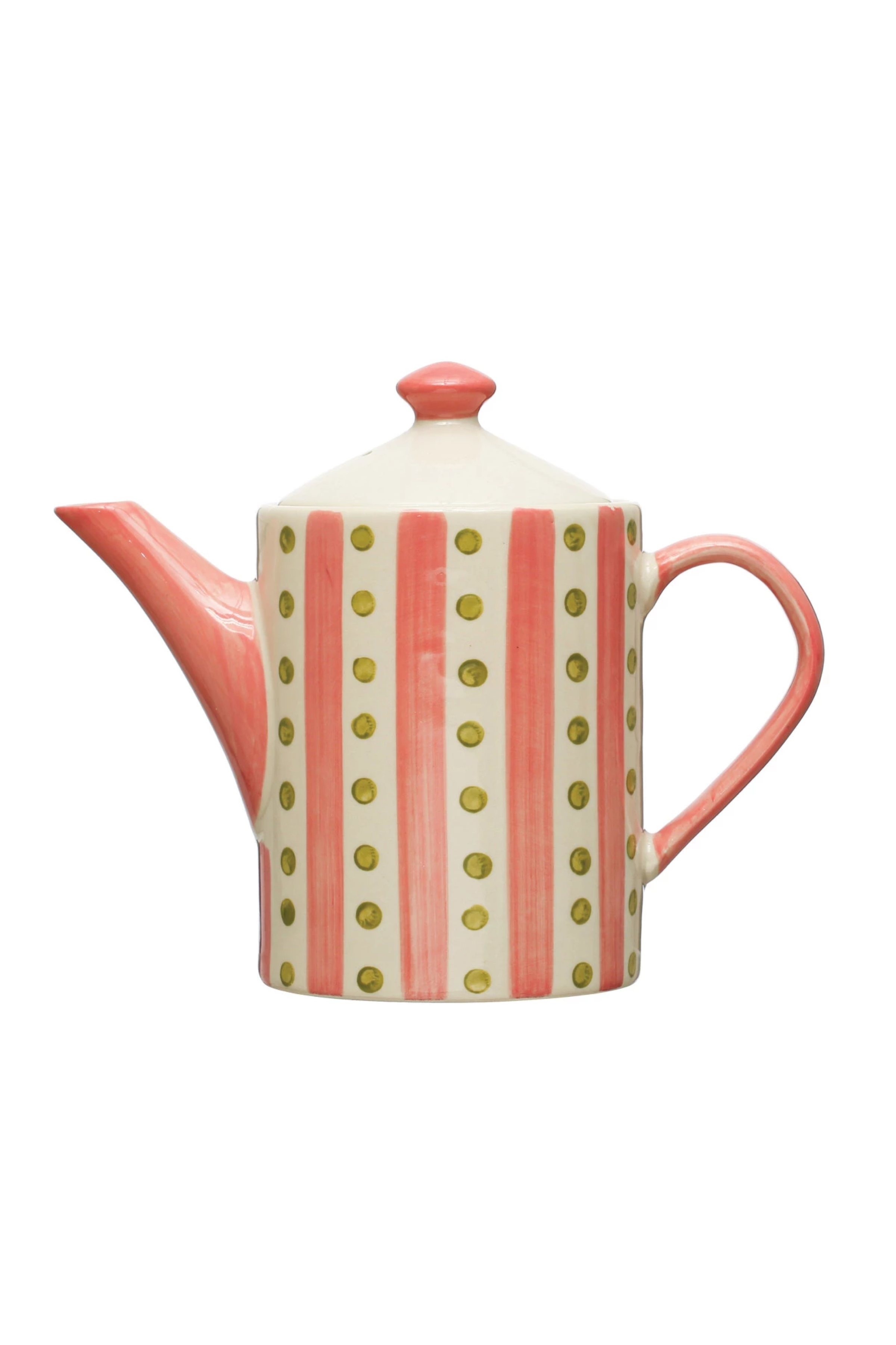 18 oz. Hand-Painted Stoneware Teapot w/ Pattern & Strainer, Pink & Green