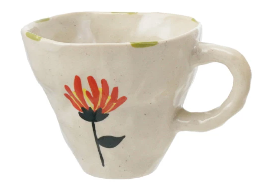 10 oz. Hand-Painted Stoneware Mug with Flower Image, 4 Styles