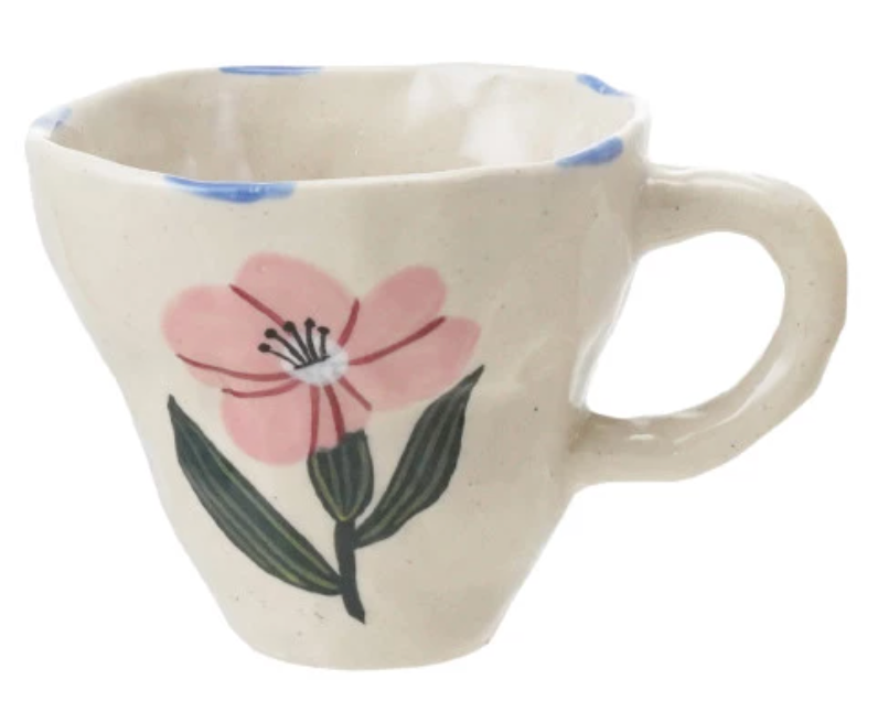 10 oz. Hand-Painted Stoneware Mug with Flower Image, 4 Styles