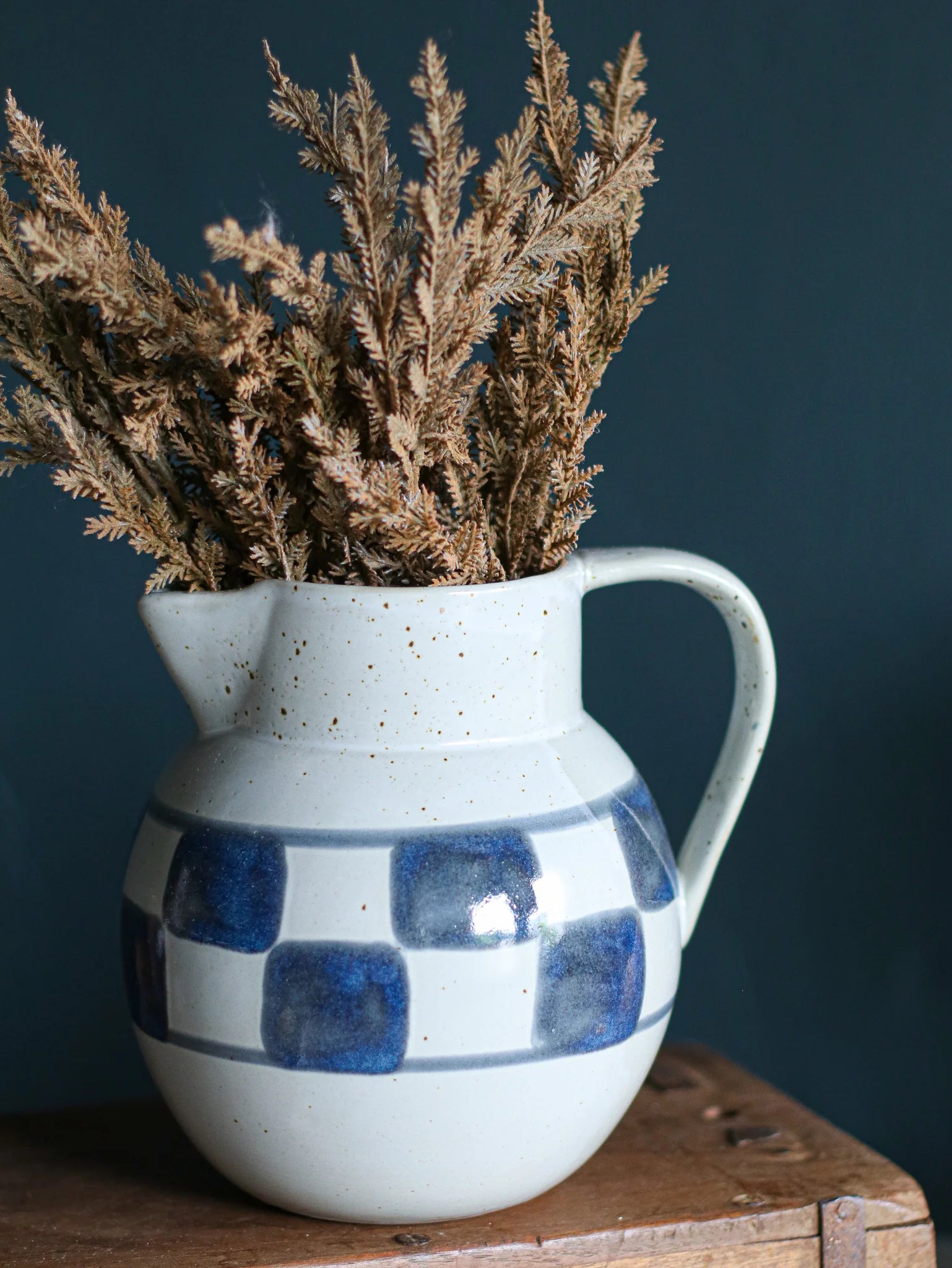 42 oz. Hand-Painted Stoneware Pitcher w/ Check Pattern