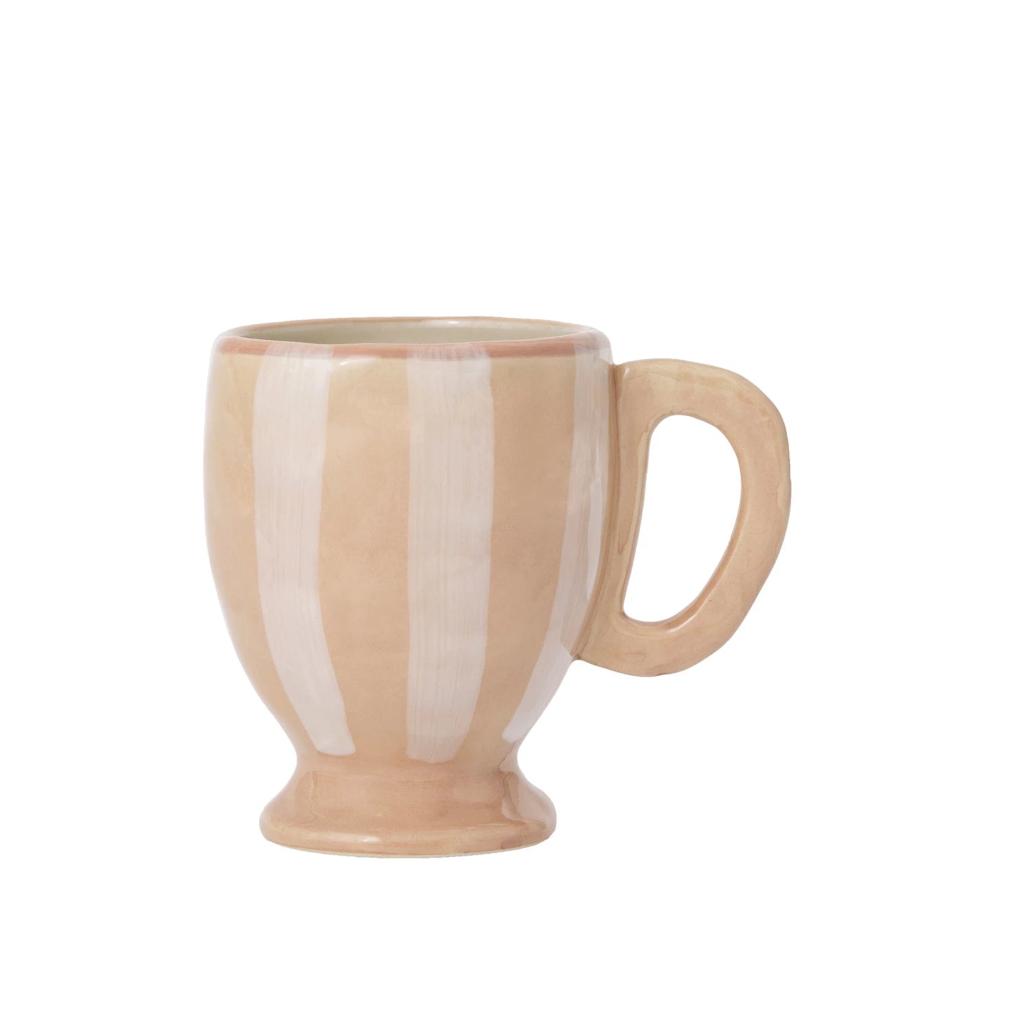 14 oz. Hand-Painted Stoneware Footed Mug w/ Stripes, White & Tan Color